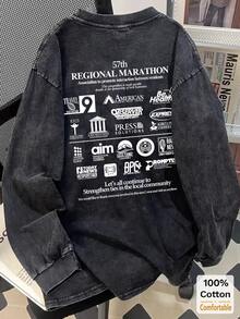 Oversized Vintage Black Cotton Washed English Print Long Sleeve T-Shirt, Loose And Slimming Design - Black - View 1