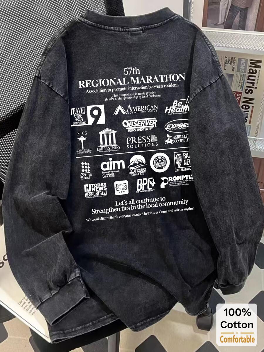 Oversized Vintage Black Cotton Washed English Print Long Sleeve T-Shirt, Loose And Slimming Design - Black - View 1