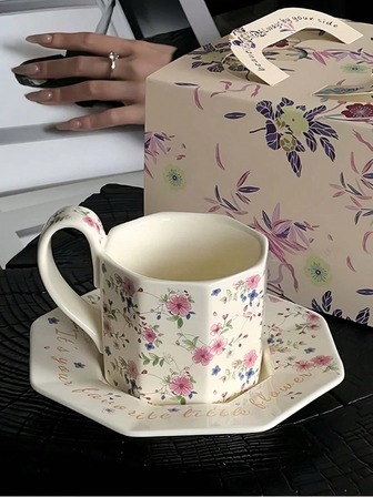 1pc Octagonal Ceramic Cup & Saucer Set, High-End Floral Ceramic Coffee Cup, Afternoon Tea Cup & Saucer, Breakfast Cup, Unique Gift For Friends, Stylish Cup, Suitable For Home, Restaurant, Cafe