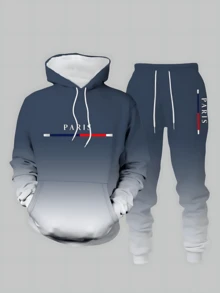 [2-Piece Set] Lightweight Polyester Men's Fall & Winter Casual Sport Hoodie And Joggers Set(Runs Small, Please Refer To Size Chart) – Navy Blue To Gray Gradient With "Paris" Graphic Print, Fleece-Lined Hooded Sweatshirt And Drawstring Pants For Daily Wear, Street Style, Lounging, Outdoor Activities & Cozy Stylish Looks(Minor Imperfections May Occur | Photo For Compensation) - 藍白色 - 查看 1
