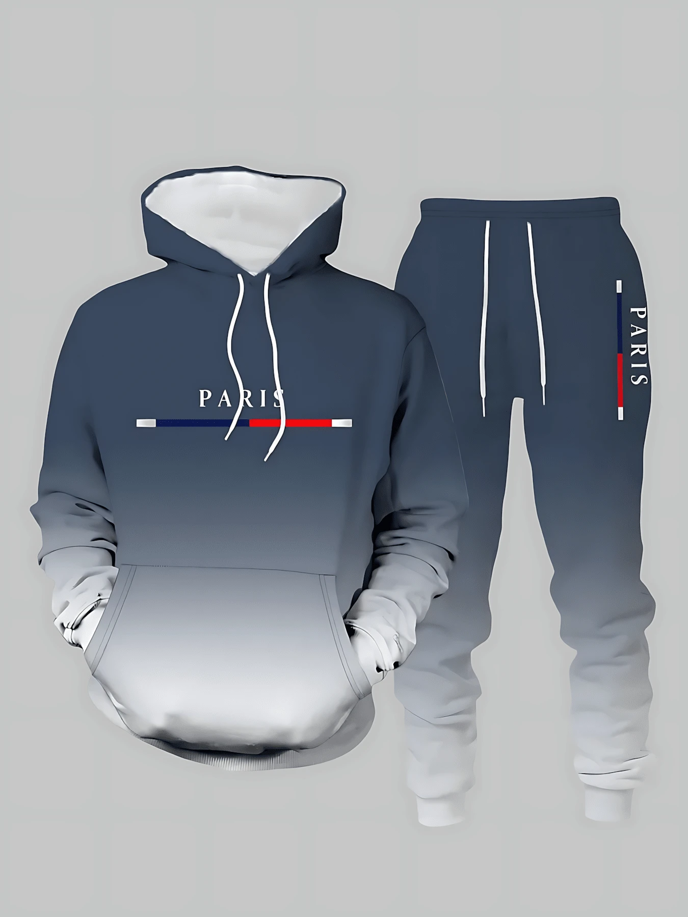 [2-Piece Set] Lightweight Polyester Men's Fall & Winter Casual Sport Hoodie And Joggers Set(Runs Small, Please Refer To Size Chart) – Navy Blue To Gray Gradient With "Paris" Graphic Print, Fleece-Lined Hooded Sweatshirt And Drawstring Pants For Daily Wear, Street Style, Lounging, Outdoor Activities & Cozy Stylish Looks(Minor Imperfections May Occur | Photo For Compensation) - 藍白色 - 查看 1