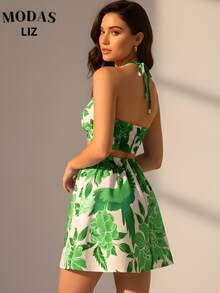Romantic Blue And White Floral Short Dress With Halter Neckline For Vacation Fashion Gringa Spring And Summer - 查看 2