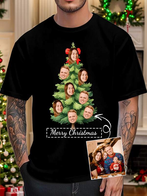 Custom Christmas Tree Portrait Men T-Shirts, Family Christmas T-Shirts, Add Your Photo/Group Photo/Couple/Couples/Family/Friend/Pet/Landscape, Personalized Christmas Family Tee, Christmas T-Shirts,New Year Graphics| Party Costumes | Birthday Gifts | Christmas Costumes