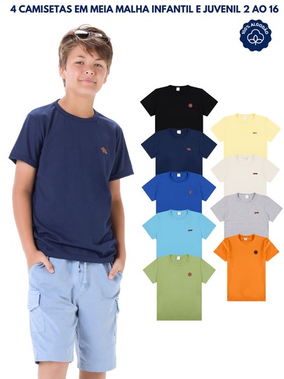 Kit 4 Camisetas em Meia Malha Premium Infantil e Juvenil Menino com Aplique Manga Curta  2 ao 16