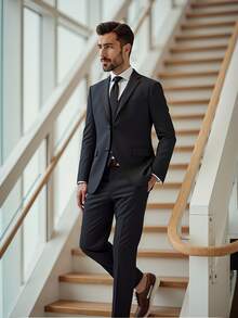Men's White Premium Suit Set - Casual Suit, Wrinkle-Resistant, Anti-Pilling, Business Formal, Wedding Banquet, Seasonal Commute, Office Party Dress, Two-Piece Set - Black - View 2