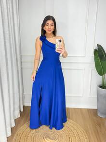 Long Dress With Zero Sleeves And Flower Detail On The Sleeve In Wedding Fabric - 寶藍色 - 查看 1