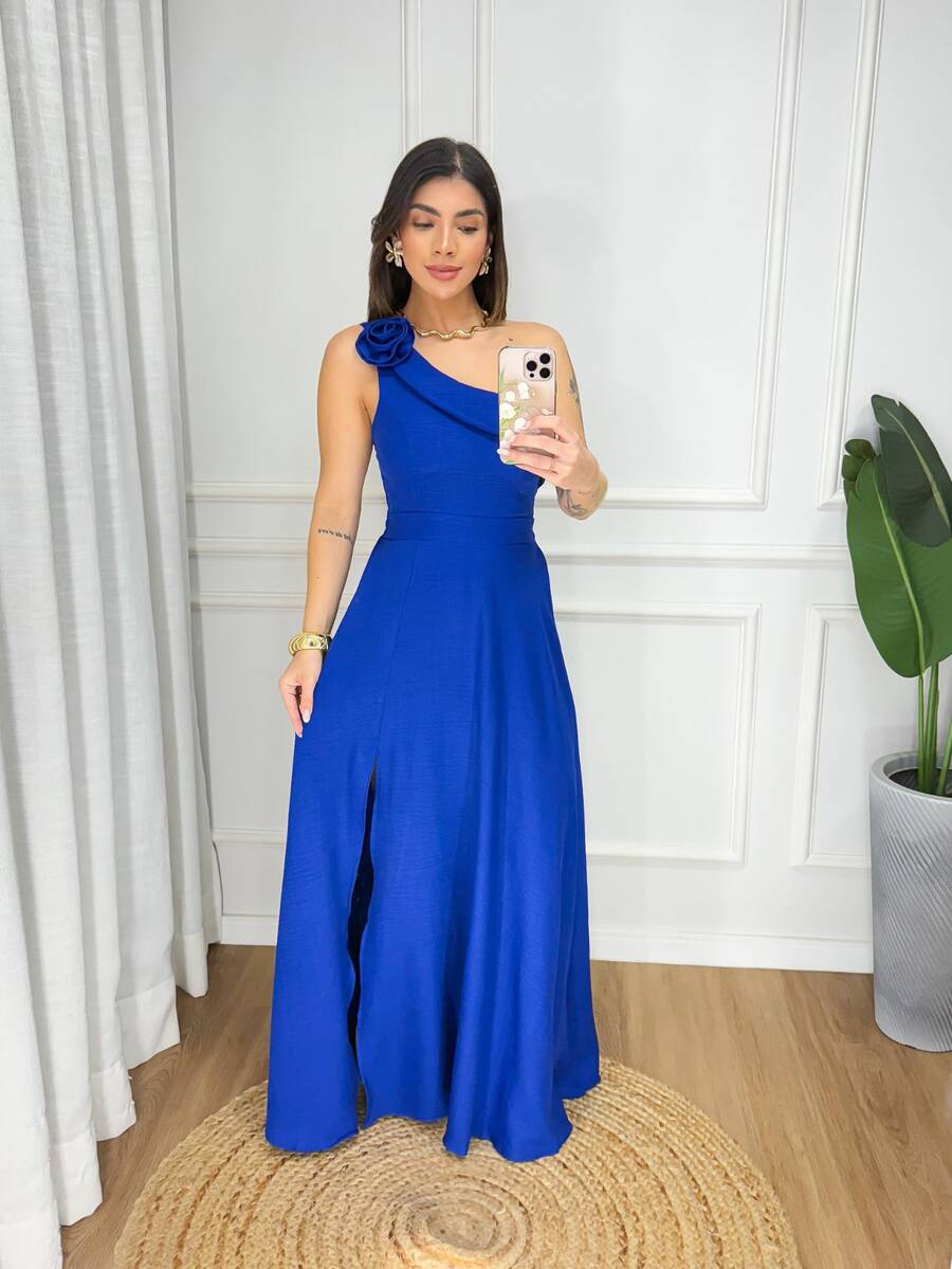 Long Dress With Zero Sleeves And Flower Detail On The Sleeve In Wedding Fabric - 寶藍色 - 查看 1
