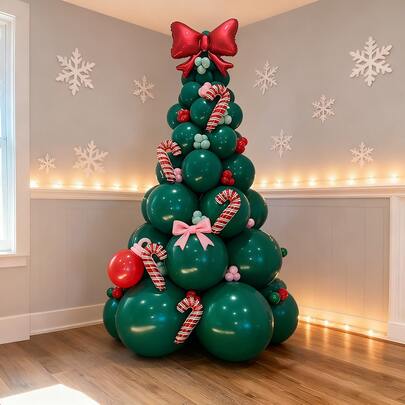 78/67/2pcs DIY Red & Green Latex Christmas Tree Set, Includes Red Bow/Silver Star With Candy Cane Foil Balloons, Christmas Decorations, Suitable For Room Decor, Home Decor, New Year, Christmas Wreath, New Year Decor, Christmas Tree Decor, Christmas Balloon Arch Decor, Christmas Tree Balloon Wreath Decor