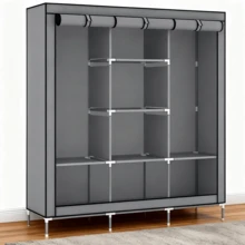 Large Capacity Freestanding Wardrobe Storage Cabinet With Shelves And Hooks, Easy To Assemble, Suitable For Bedroom, Home Office, Closet Organization, Durable Structure, Wall-Mounted Clothes And Hat Storage Rack, Portable Closet, Clothing Organizer Box, Wardrobe Shelf, Home Office Storage, Bedroom Organization, Multifunctional Shelf, Modern Closet, Large Capacity Storage, Metal Construction, Hanging Organizer, Shelf Unit, Mounted Closet Systems - 灰色 - 查看 5