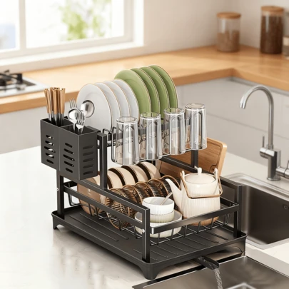 1pc Dish Rack, Countertop Large Capacity Single Layer Dish Drying Rack, Compact Dish Drainer With Utensil Holder And Drain Spout, For Kitchen Countertop, Kitchen Organizers And Storage, Kitchen Accessories