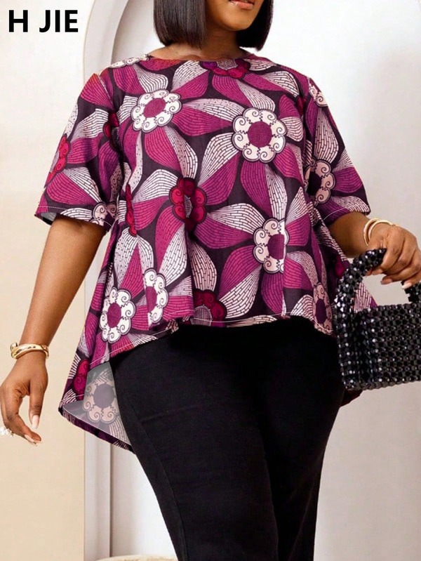 Top con volant con stampa floreale africana di taglia comoda, alla moda e adatto per ogni occasione