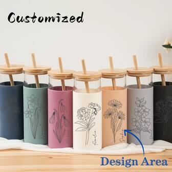 1 pieza Taza de vidrio personalizada con tapa y pajita de bambú, funda de silicona antideslizante de colores, taza para bebidas con patrón floral personalizado, 500ml/17oz, botella de agua reutilizable, para bebidas frías, leche, té, jugo, café, regalo de pareja, regalo creativo personalizado, taza de viaje para el hogar y la oficina, taza para bebidas frescas, idea de regalo