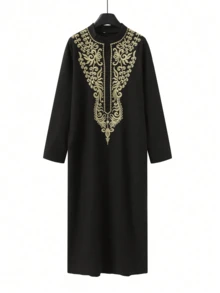 Muslim Men's Thobes Long-Sleeved Stand-Up Collar Embroidered Loose Saudi Arabian Men's Traditional Clothing Suitable For Daily Outings Festival Parties Ramadan Gifts Islamic Men's Clothing - Black - View 5
