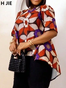 大码迷人非洲花卉印花上衣，带荷叶边下摆，时尚百搭，适合任何场合 - 紅色 - 查看 3