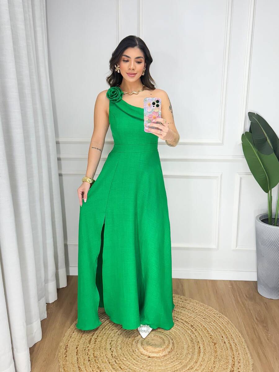 Long Dress With Zero Sleeves And Flower Detail On The Sleeve In Wedding Fabric - 綠色 - 查看 1