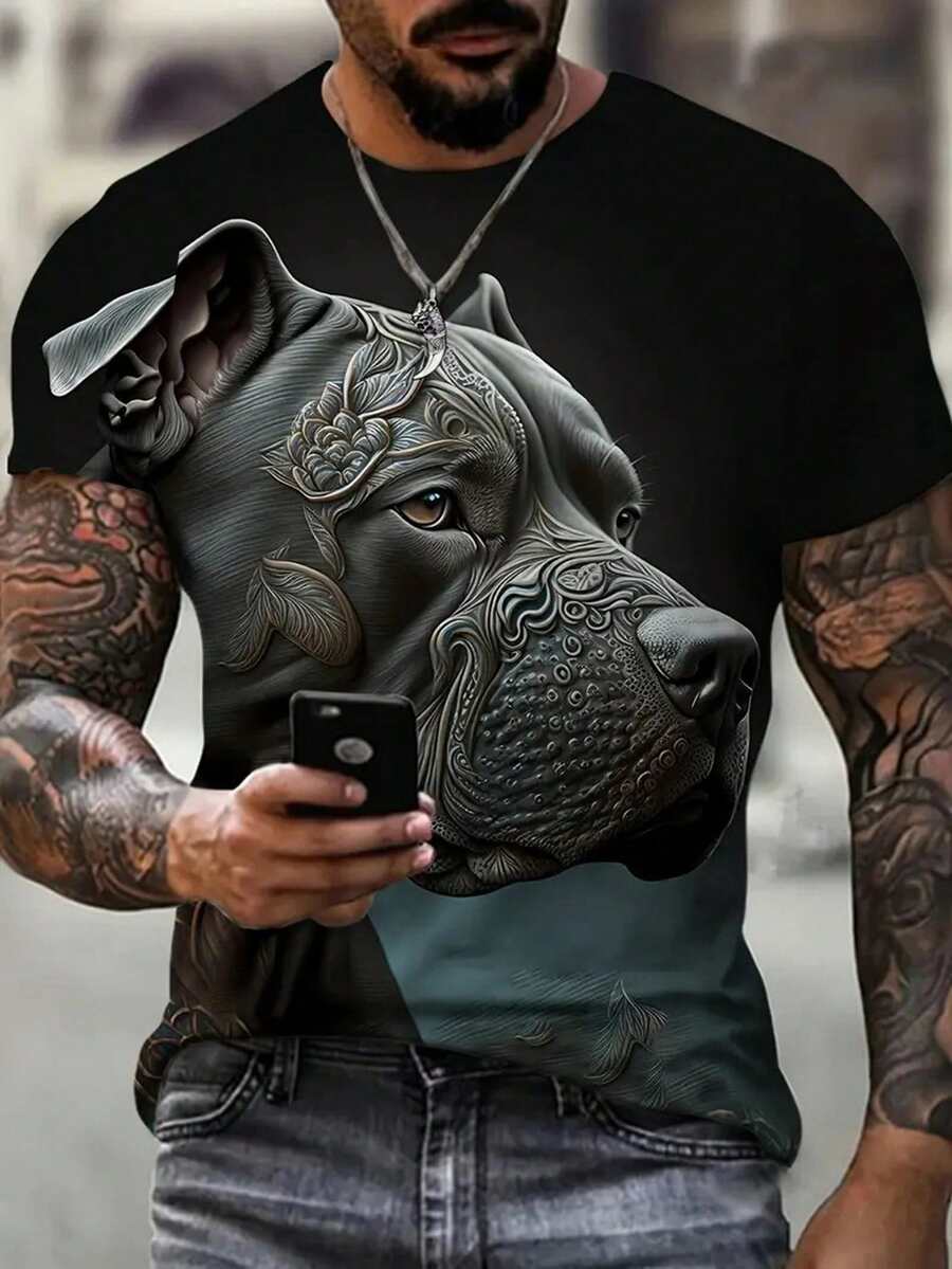 Áo thun nam mùa hè dáng rộng, co giãn, in hình chó, cổ tròn, phong cách đường phố, 100% polyester, nhẹ và thoáng khí. - Nhiều màu - Xem 1