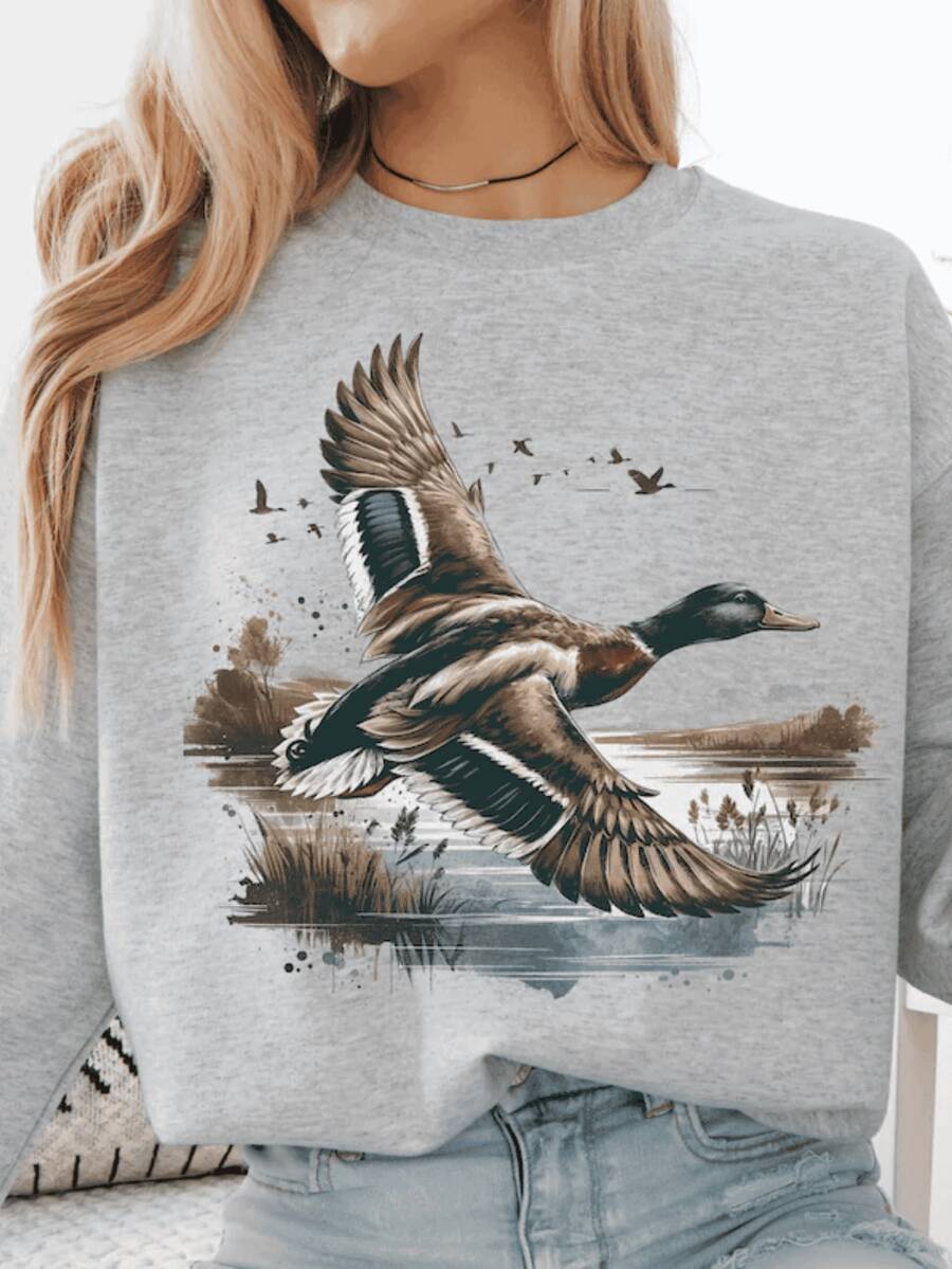 Women'S Duck Sweatshirt - Mallard Duck Graphic Crewneck Pullover, Cozy Casual Winter Sweater For Animal Lovers, Hunting & Christmas Gifts, Soft Warm Fall Winter Apparel With Nature DesignWomen's Hooded Sweatshirt - 淺灰色 - 查看 1