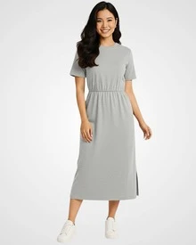 Basic Casual Muscle Knit Cotton Midi Dress - 灰色 - 查看 1