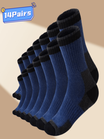 14双装男士加厚中筒袜，适合秋冬季节，柔软舒适，吸湿排汗，防臭防滑，适合步行、滑雪、露营等户外活动，男女通用。