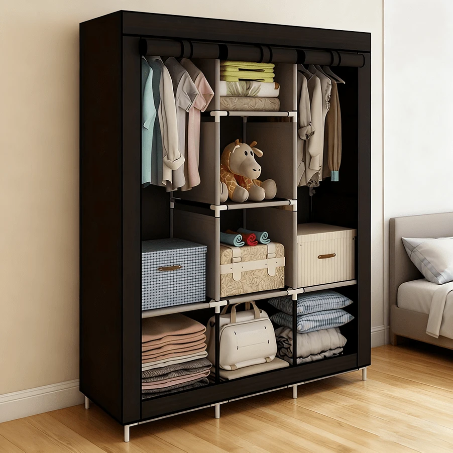 Large Capacity Freestanding Wardrobe Storage Cabinet With Shelves And Hooks, Easy To Assemble, Suitable For Bedroom, Home Office, Closet Organization, Durable Structure, Wall-Mounted Clothes And Hat Storage Rack, Portable Closet, Clothing Organizer Box, Wardrobe Shelf, Home Office Storage, Bedroom Organization, Multifunctional Shelf, Modern Closet, Large Capacity Storage, Metal Construction, Hanging Organizer, Shelf Unit, Mounted Closet Systems - màu đen - Xem 1