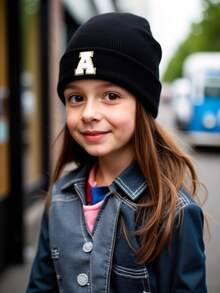 1 pieza Gorro de punto para niños con patrón de 26 letras, gorro negro cálido para uso diario para niños, niños y adolescentes de 1 a 18 años