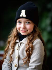 1 pieza Gorro de punto para niños con patrón de 26 letras, gorro negro cálido para uso diario para niños, niños y adolescentes de 1 a 18 años