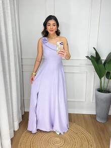 Long Dress With Zero Sleeves And Flower Detail On The Sleeve In Wedding Fabric - 紫丁香色 - 查看 1