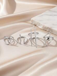 4件套不锈钢几何线条可调节开口戒指套装，经典时尚首饰，女士礼品 - 戒指 - 查看 3