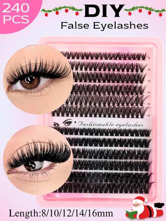 12 Rows Of 240 Clusters Of D-Shaped, Curled, And Voluminous False Eyelashes In Mixed Lengths Of 8-16mm. 40D And 80D Combination DIY Eyelash Set. Natural Style Russian Flat Thick Fluffy Handmade Faux Mink Eyelash Cluster, Suitable For Halloween, Festival, And Christmas Makeup, Ideal For Beginners.