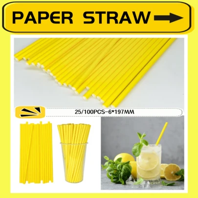 25/100 Pieces Package Pure Yellow Disposable Paper Straws, Size 6*197 Mm | Suitable For Parties/Weddings, Coffee/Juice Decoration, And Stylish