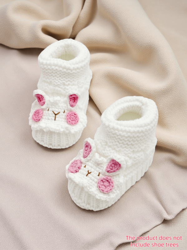 1 Pair Handmade Infant Booties With Bunny Face Design, 0-12 Months,Knitted Infant Shoes For Newborns