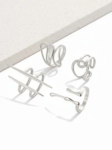 4件套不锈钢几何线条可调节开口戒指套装，经典时尚首饰，女士礼品 - 戒指 - 查看 7