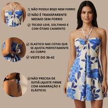 Romantic Blue And White Floral Short Dress With Halter Neckline For Vacation Fashion Gringa Spring And Summer - 查看 5