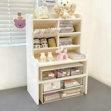 1 Pc. Multi-Functional Large-Capacity Desktop Organizer With Built-In Tilted Pen Holder. 6-Tier, 8-Compartment Design Neatly Stores Cosmetics, Figurines, Decorative Items, Stationery, And Books. Ideal For Desks, Display Tables, Office Areas, And Vanities-Effectively Reducing Clutter While Showcasing Your Cherished Accessories. - 白色 - 查看 6