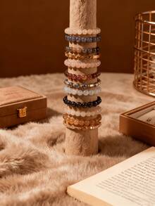 1pc 6/8/10mm Natural Stone Beaded Bracelet, Bohemian Style Tiger Eye/Amethyst/Agate Healing Stone Bracelet, Layerable Colorful Handmade Jewelry For Women - Multicolor - View 1