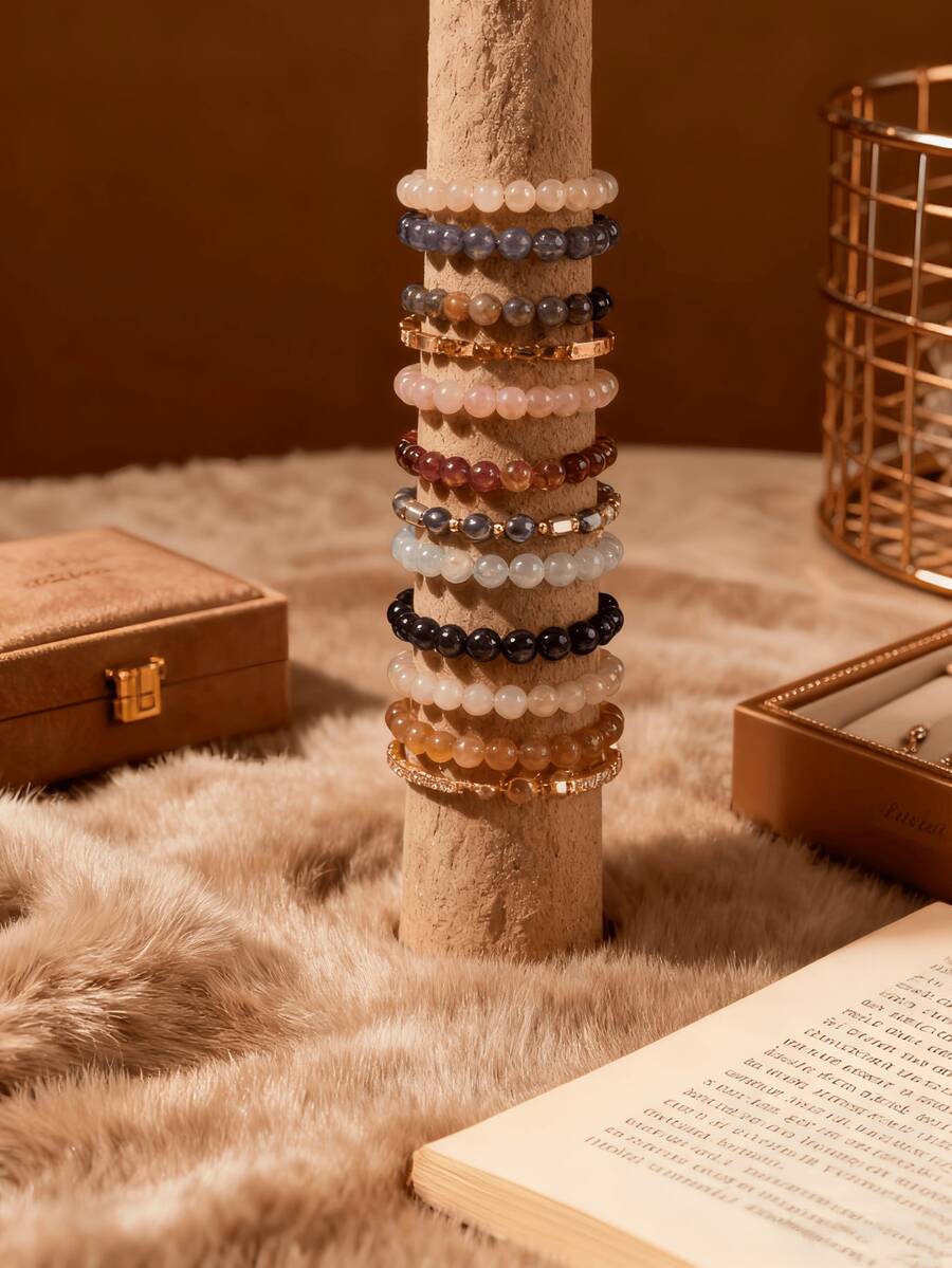 1pc 6/8/10mm Natural Stone Beaded Bracelet, Bohemian Style Tiger Eye/Amethyst/Agate Healing Stone Bracelet, Layerable Colorful Handmade Jewelry For Women - Multicolor - View 1