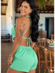 Tailored Romper, Straps And Ties At The Back. - 薄荷綠 - 查看 2