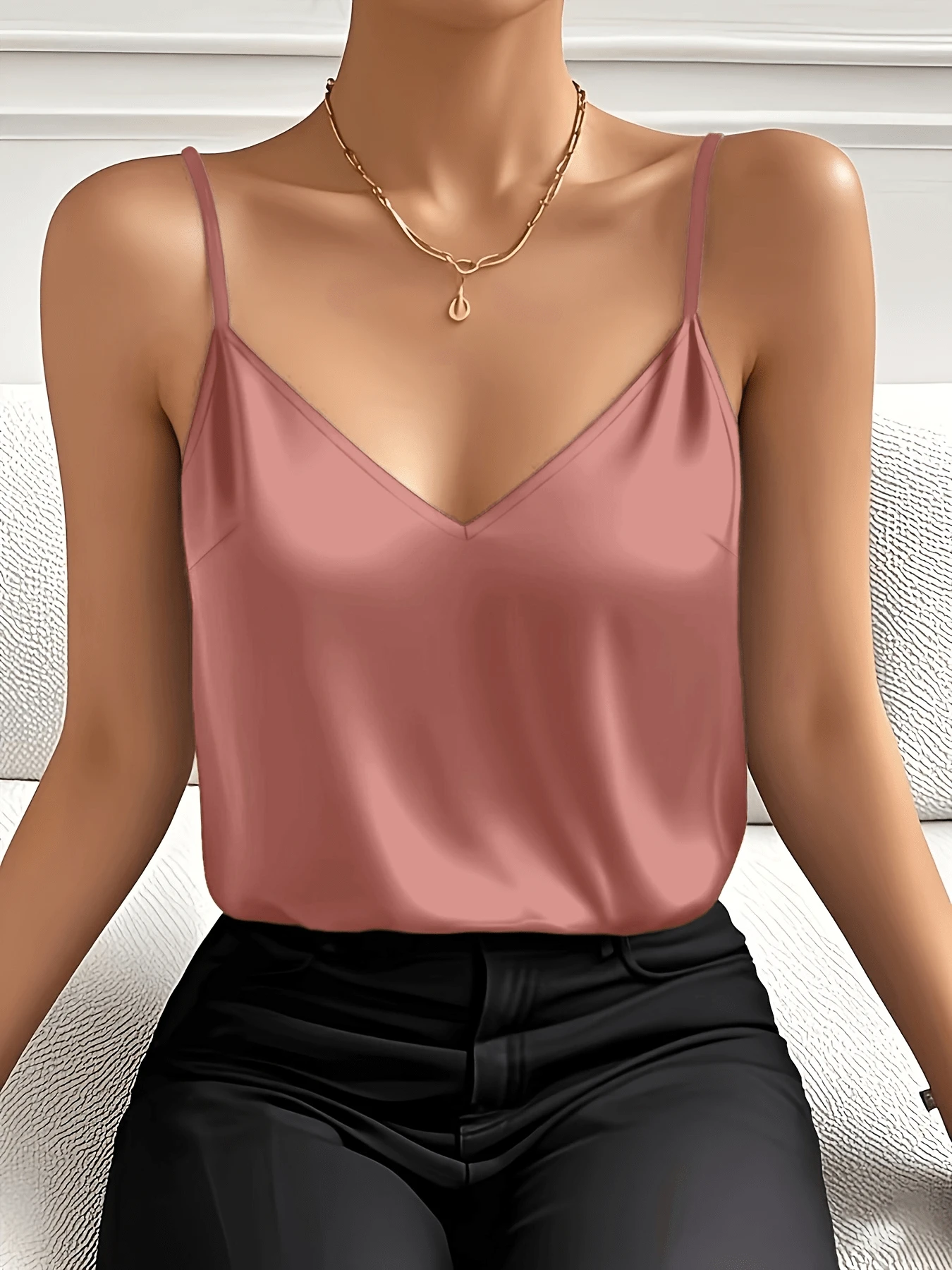 女士纯色休闲简约吊带背心，夏季款 - 粉紅色 - 查看 1