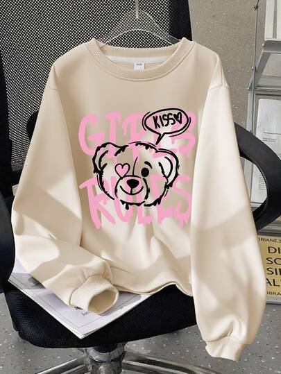 Tween Girls' Casual Cute Printed Round Neck Long Sleeve Sweatshirt,Suitable For Autumn And Winter,Daily Wear ﻿