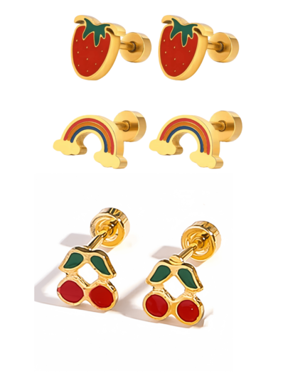 2pcs/6pcs Cute Rainbow, Strawberry, Cherry Stainless Steel Drop Oil Ear Cuff Earrings For Women