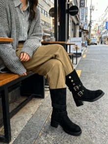 Girl's Breathable Chunky Heel Boots, New Arrival Belt Buckle Tall Boots - Black - View 5