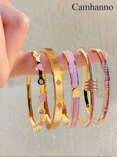 Camhanno 5/1pc Dazzling And Fashionable Stainless Steel Bracelet, Creative Heart, Roman Numeral Design, Suitable For All Seasons, Perfect Jewelry, The Best Choice To Showcase Female Charm