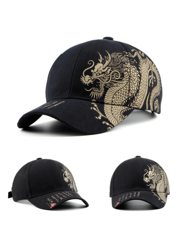 1 pieza Gorra de béisbol con gráfico de dragón de arte oriental para hombres, inspirada en el streetwear, sombrero de papá con bordado intrincado de bestia mitológica china, sombrero de sol ajustable para uso diario casual, transporte urbano y aventuras de viaje