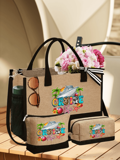 Juego de bolso de playa para mujer, impreso con el patrón de letras "Cruise Life", bolso grande de gran capacidad y dos bolsas de maquillaje, bolso de viaje para vacaciones, fin de semana, viaje corto, regalo de cumpleaños personalizado para amigas, adecuado para boda, cumpleaños, vacaciones, es un gran regalo para mujeres, mamá, maestras, amigas, damas de honor, estudiantes, regreso a la escuela, regalo para la mejor amiga, recuerdo de la novia (con bufanda)