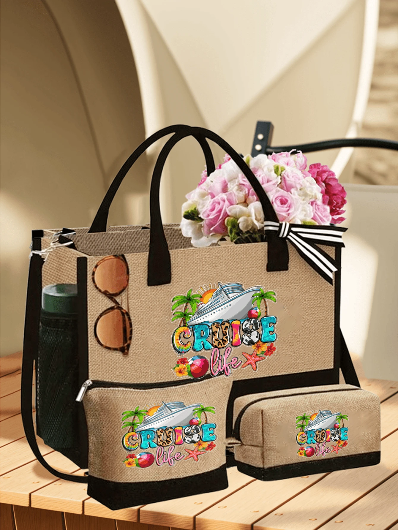 Beach Tote Bag Set For Women, Printed With The Letters' Cruise Life ' Pattern Large Capacity Handbag And Two Makeup Bags,Travel Handbag For Holiday Vacation Weekend Getaway Short Trip,Personalized Birthday Gifts Present For Friend Her, Suitable For Wedding, Birthday, Holiday, Is A Great Gift For Women, Mom, Teachers, Friends, Bridesmaids,Student,Back To School,Gift For Best Friend, Bride Souvenir(With Scarf) - Multicolor - View 1