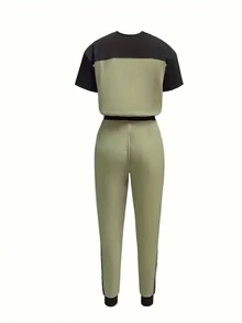 2pcs Set Casual Colorblock Short Sleeve Crew Neck T-Shirt And Extended Pants - Matcha Green - View 2