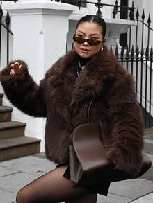 GDDYIN 女士冬季新款纯色柔软仿皮草领渐变仿皮草大衣，高端品质 - 咖啡棕 - 查看 5