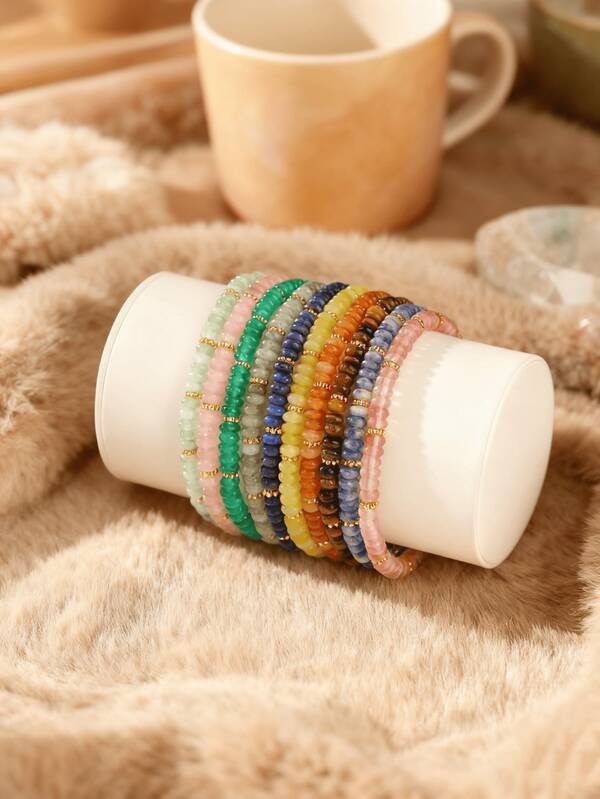 1pc 4*2mm Natural Stone Round Bead Bracelet For Teenagers, Layerable Boho Style Tiger Eye/Crystal/Green Aventurine Etc. Natural Healing Stone Bracelet, Fashionable Colorful Jewelry Gift For Girls