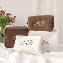 Personalized Waffle Makeup Bag, Customized Name Toiletry Bag, Embroidered Letter Makeup Bag, Initial Monogram Makeup Bag, Bridesmaid Makeup Bag, Personalized Waffle Woven Makeup Bag: Embroidered Letter Makeup Bag