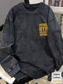 Oversized Vintage Black Cotton Washed Long Sleeve T-Shirt For Women, Letter Print, Loose & Slimming Design - Black - View 2